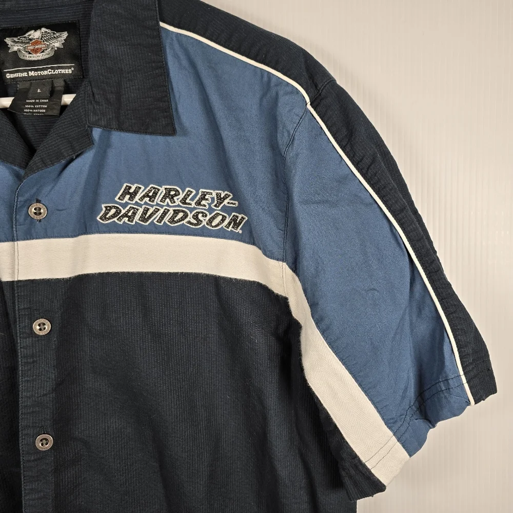 Harley-Davidson Men's Vintage Blue and Black Button Down Shirt Size L Moto - Picture 5 of 14